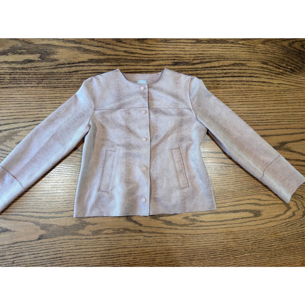 Feminine Faux Suede Snake Skin Print Jacket Blush Pink Snap Front Size 0 S 4/6